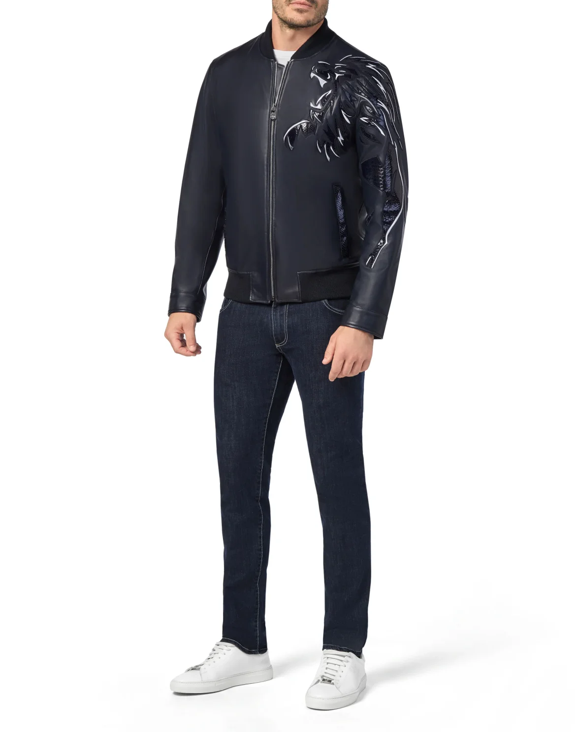 Leather Bomber with Python Luxury, цвет: Синий