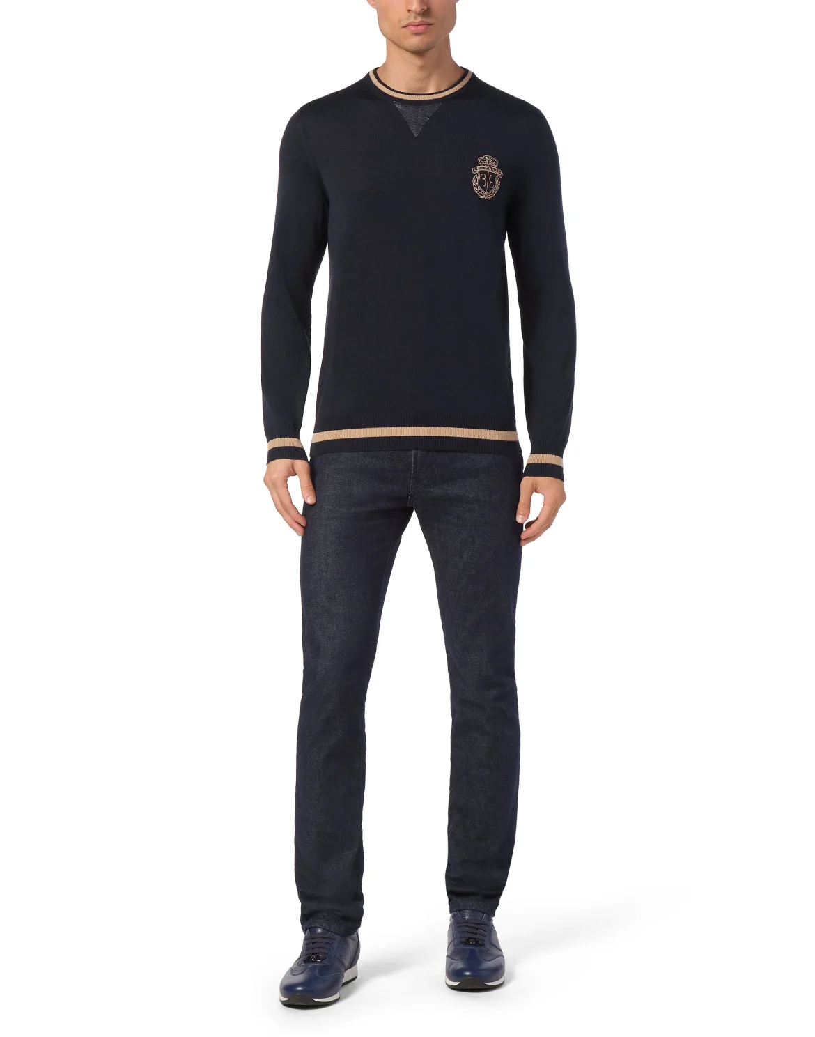 Cashmere & Silk Pullover Round Neck LS with Elaphe Inserts, цвет: Синий