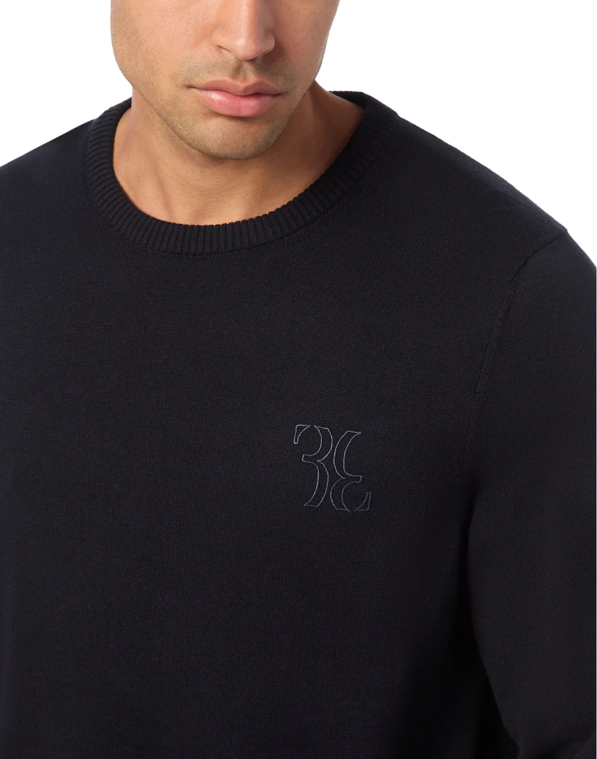 Embroidered Cotton Cashmere Round Neck Pullover, цвет: Синий