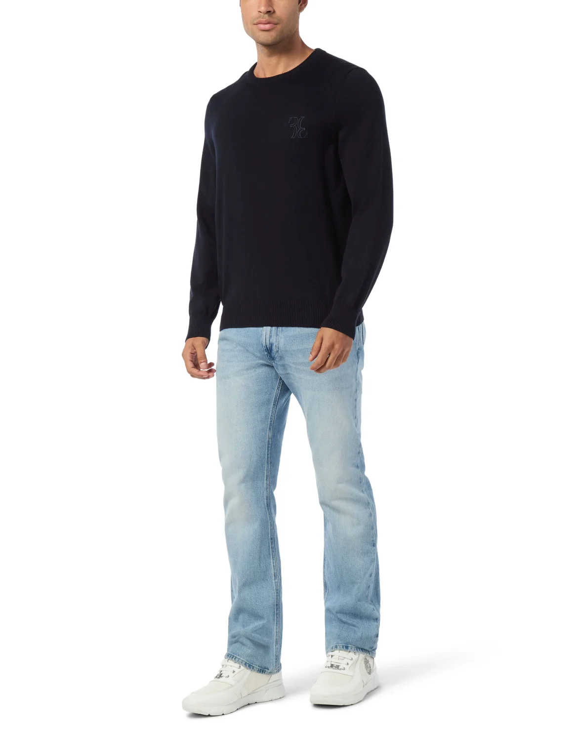 Embroidered Cotton Cashmere Round Neck Pullover, цвет: Синий
