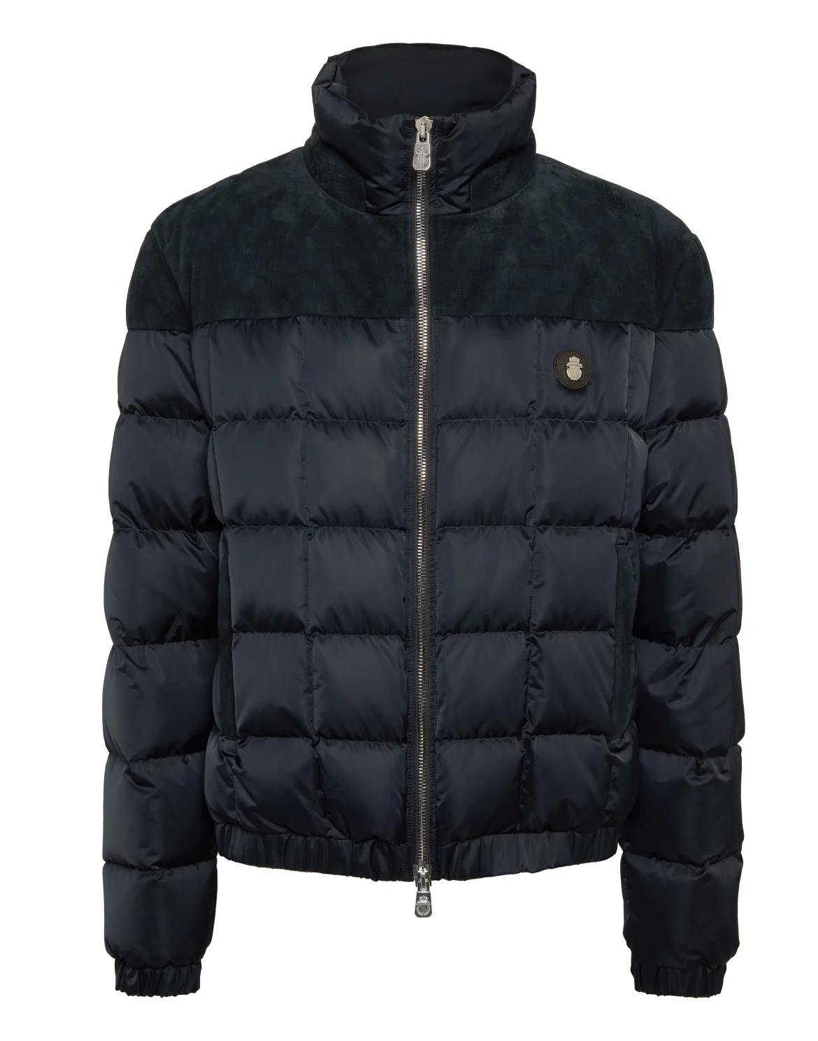 Puffer Down Jacket with Leather Inserts, цвет: Синий
