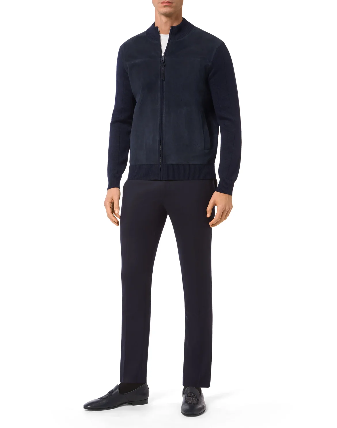 Merino wool Pullover full zip with suede Double B, цвет: Синий