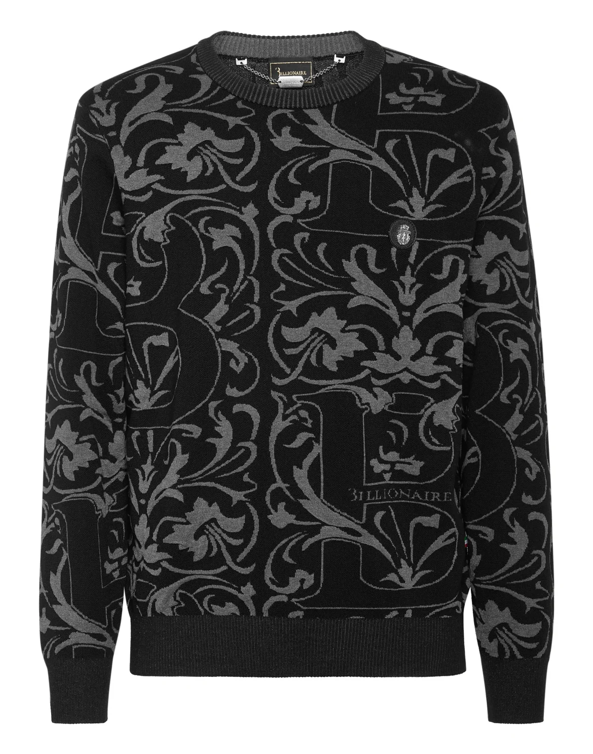 Wool Silk Round Neck Pullover Jacquard, цвет: Черный