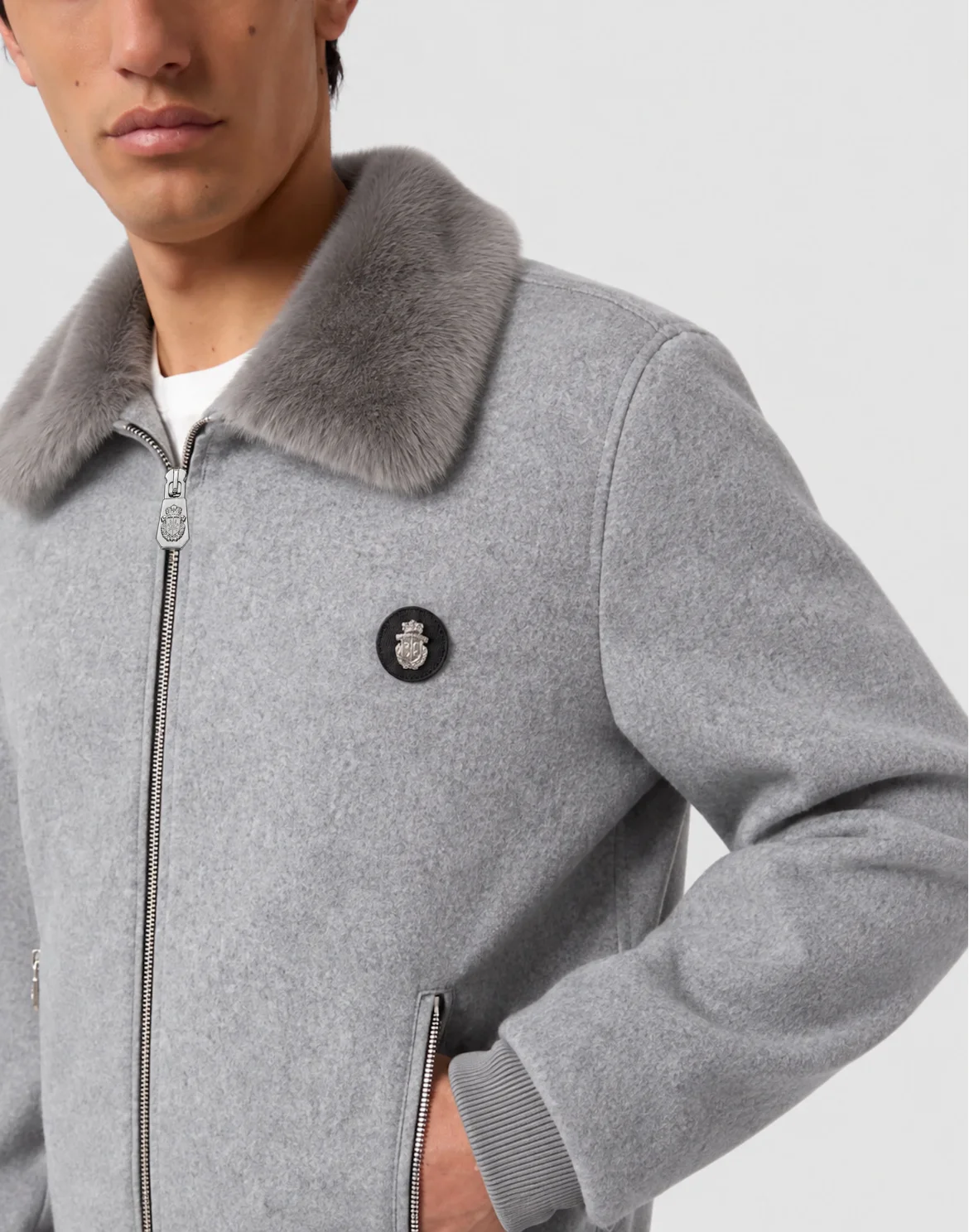 Wool Bomber With Fur Collar, цвет: Серый