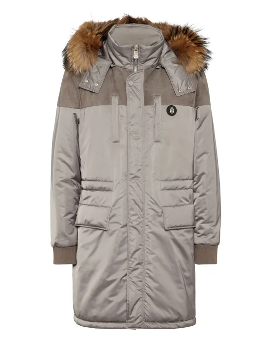 Parka Down Jacket with Leather Inserts